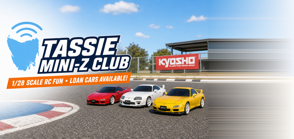Tassie Mini-Z Club banner: 1/28-scale RC fun and loan cars available, over a daytime track scene with three Mini-Z cars.